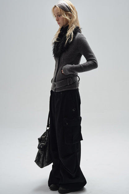 Fur Collar V-Neck Textured Knit Cardigan