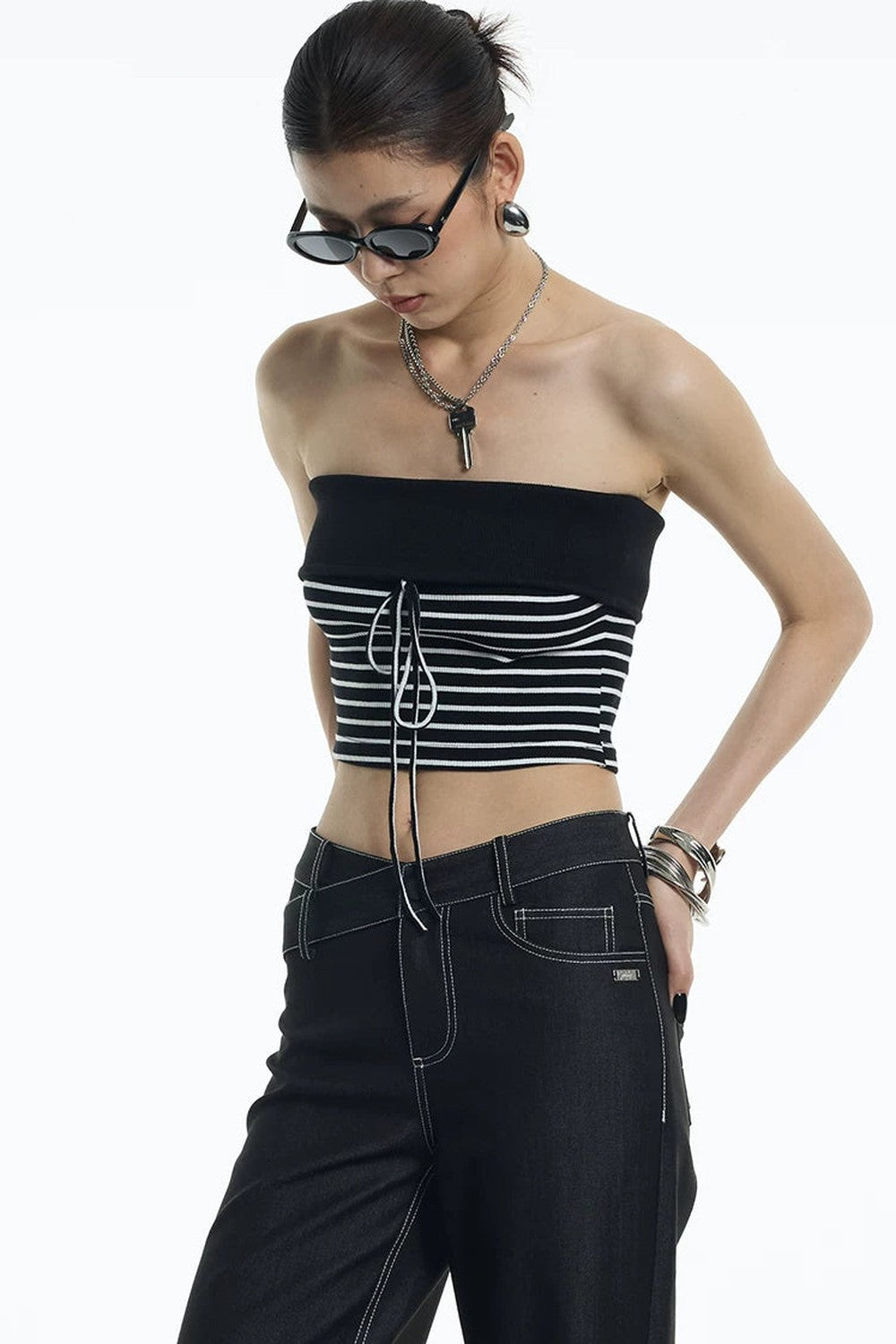 Black White Striped Ribbed Bandeau