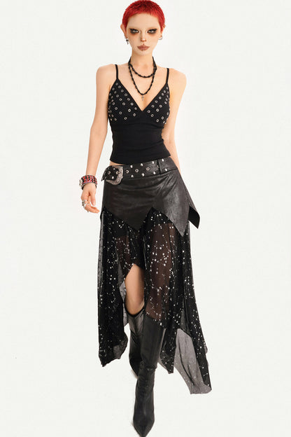 Gothic Mesh Asymmetrical Maxi Skirt Set-Up