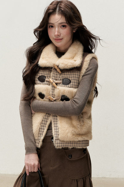 Retro Plaid Faux Fur Toggle Vest
