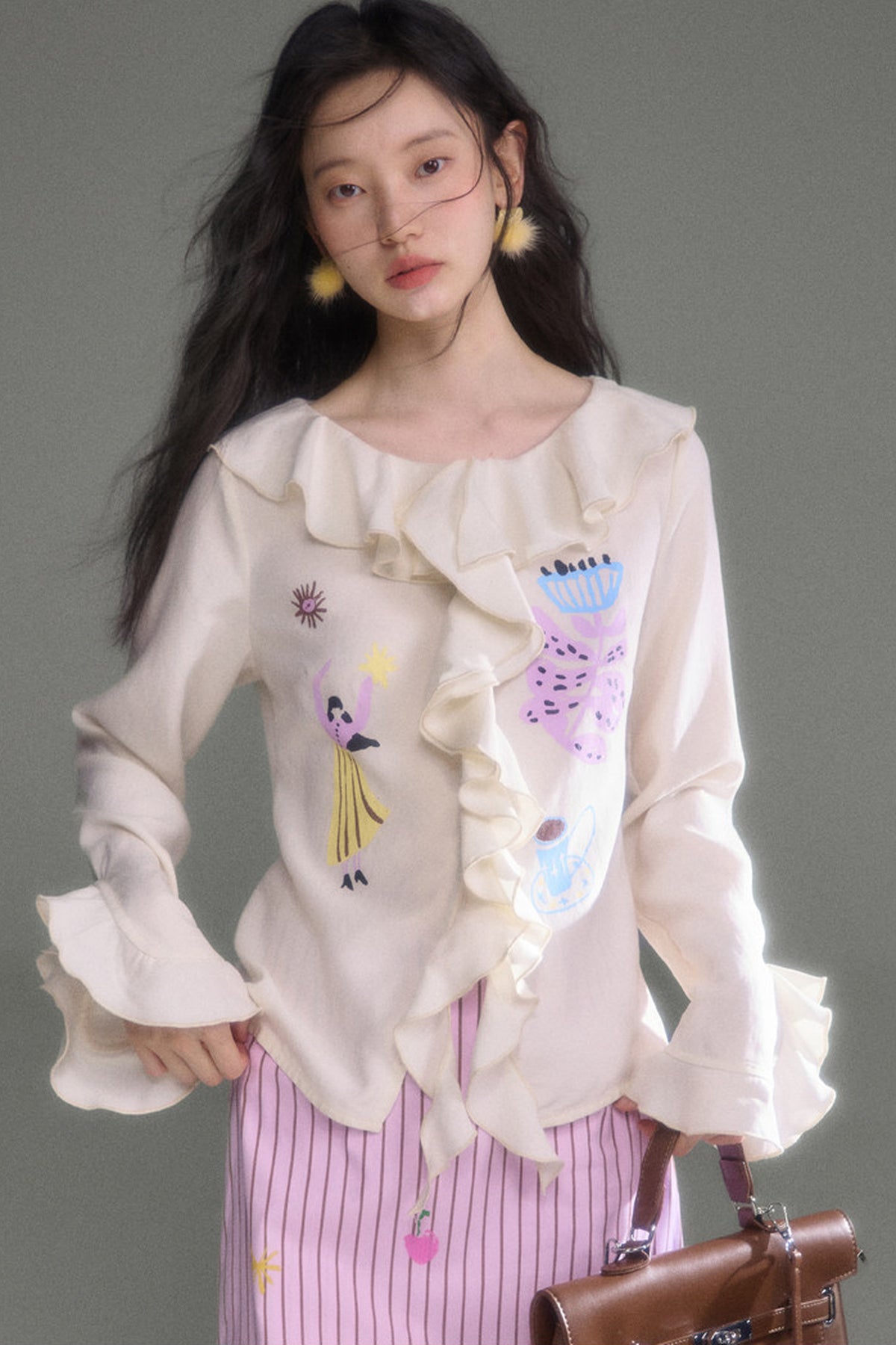 French Ruffle Flared Long-Sleeve Blouse