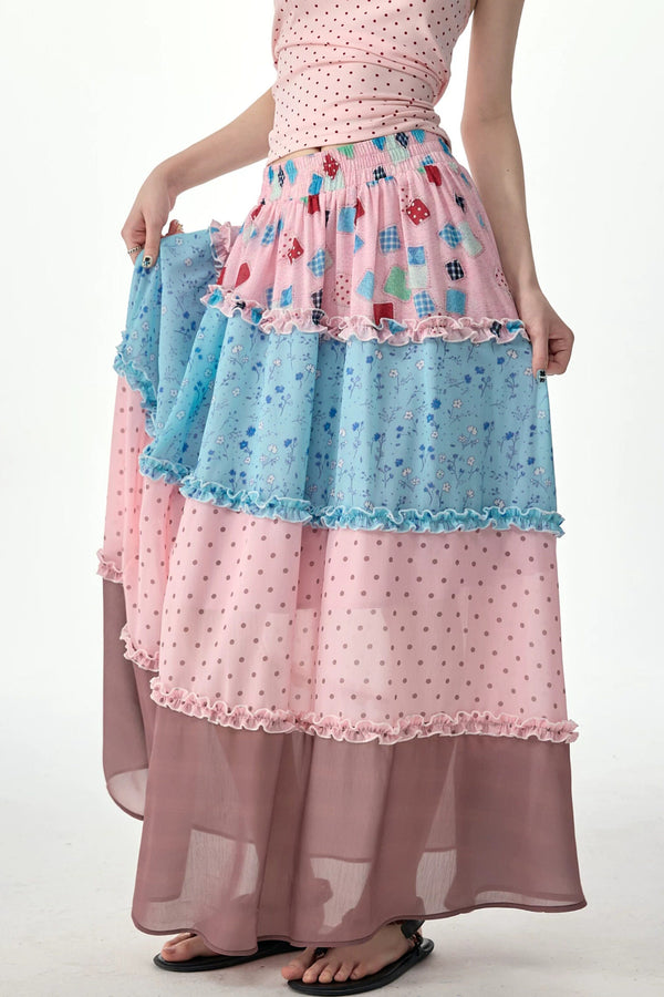 Pink Floral Polka Dot Tiered Maxi Skirt