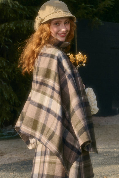 Detachable Plaid Cape Vest And A-Line Skirt Set-Up