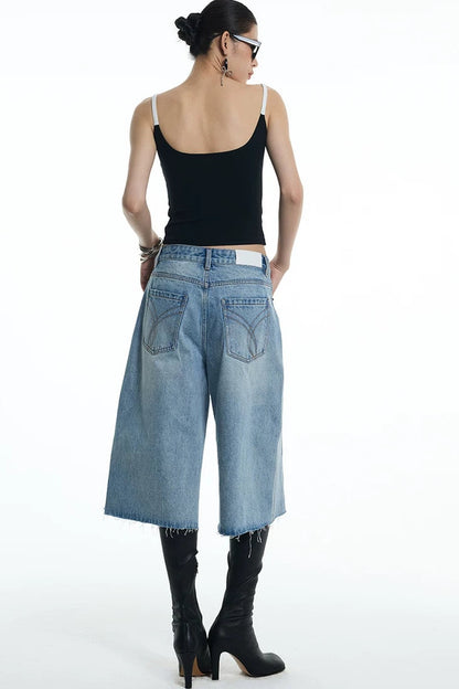 Embroidered Denim Mid-Length Pants
