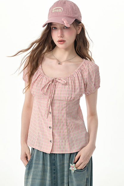 Pink Plaid Puff Sleeve Top