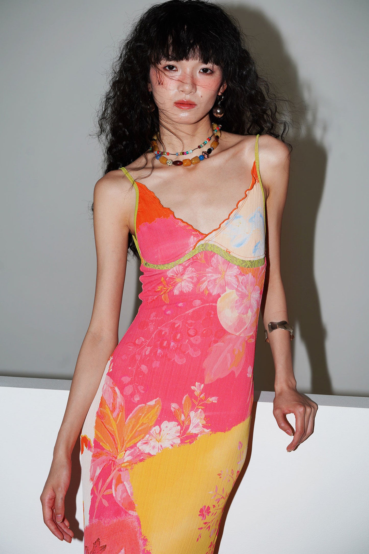 Chinese Print Lace Slip Dress