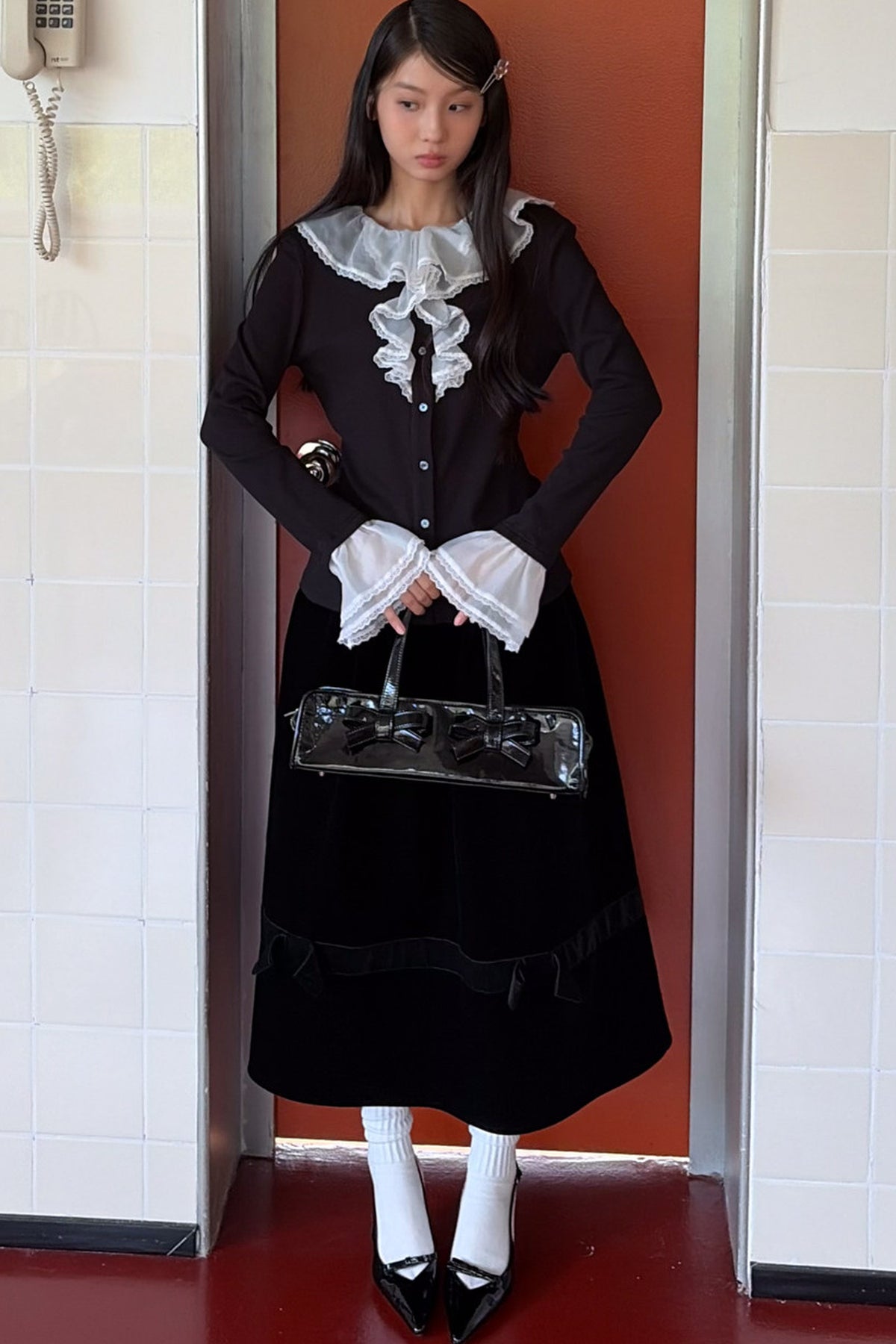 Black Velvet Bow Tie Midi Skirt