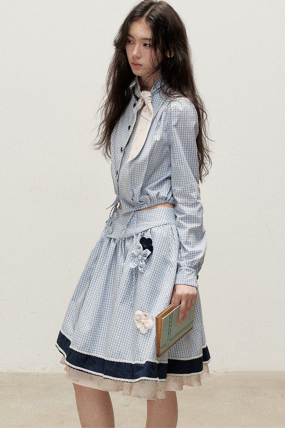 Plaid Contrast Ribbon Shirt and Skirt Set-Up