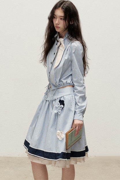 Plaid Contrast Ribbon Shirt and Skirt Set-Up