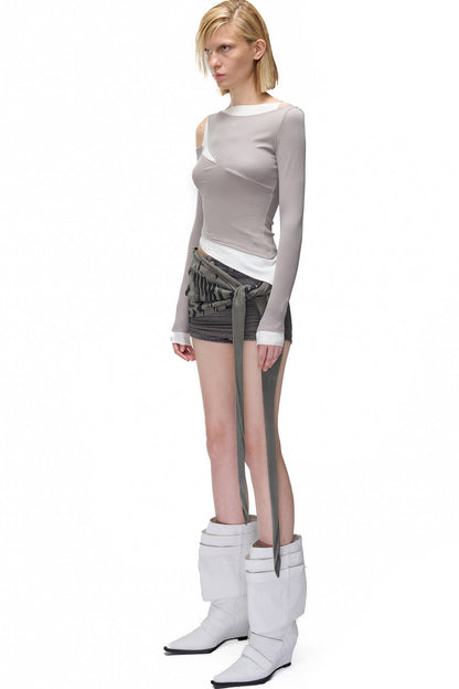Layered-Look Patchwork Hollow Long-Sleeve T-shirt