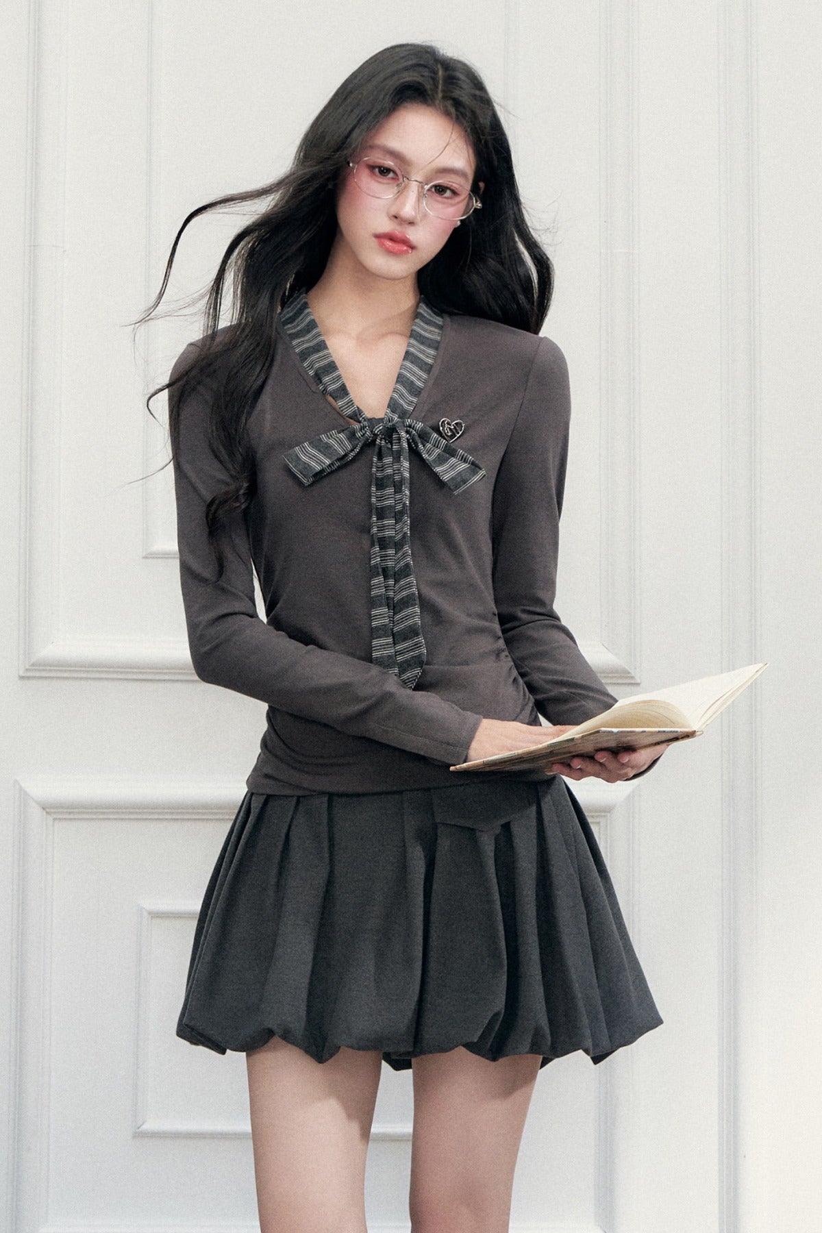 A-Line Pleated Pocket Bud Waist Skirt