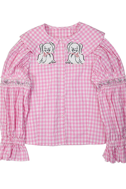 Dog Embroidered Plaid Puff Sleeve Shirt