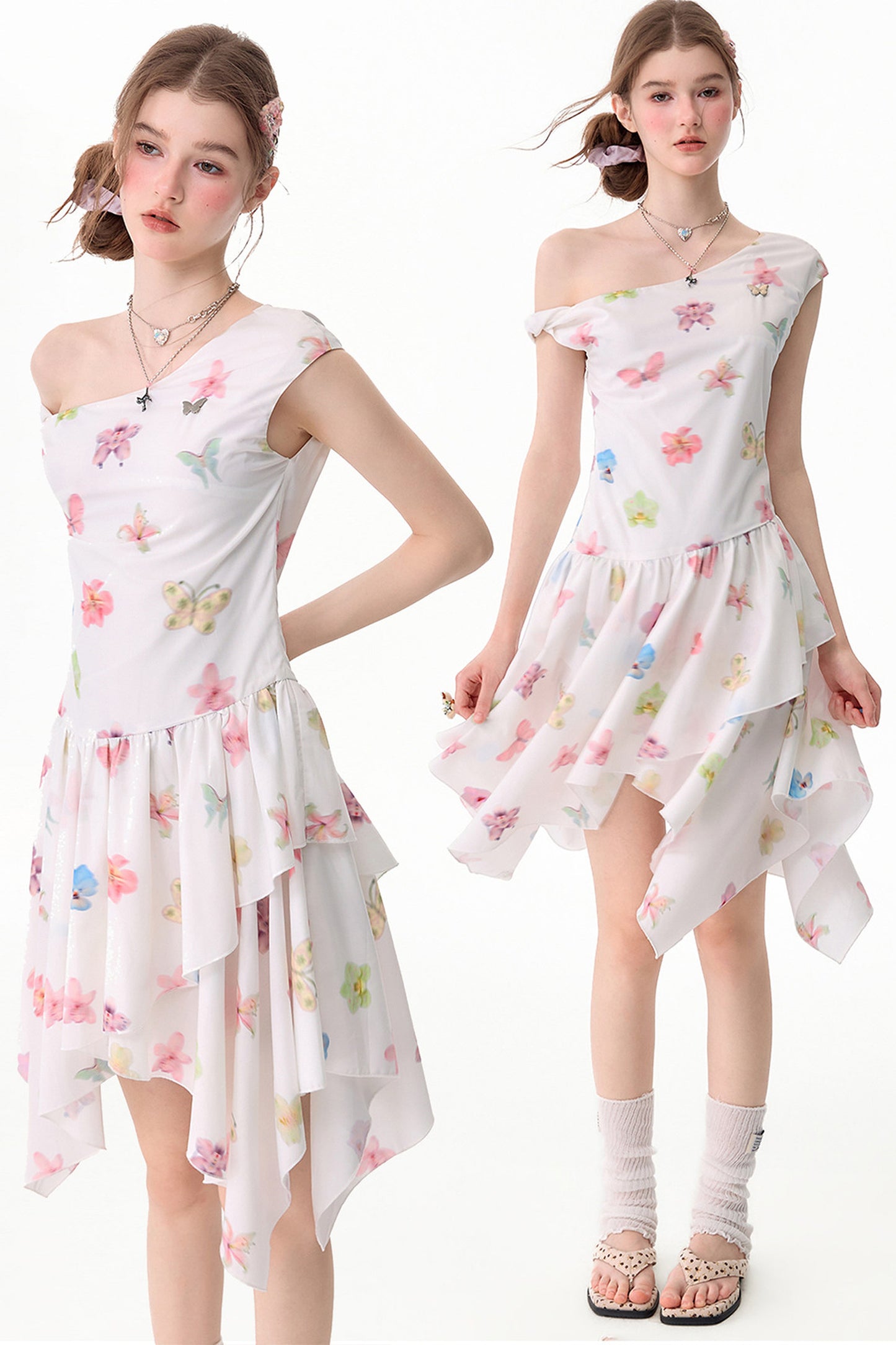 Schulterfreies Kleid mit Schmetterlings- und Blumenmuster und asymmetrischem Saum