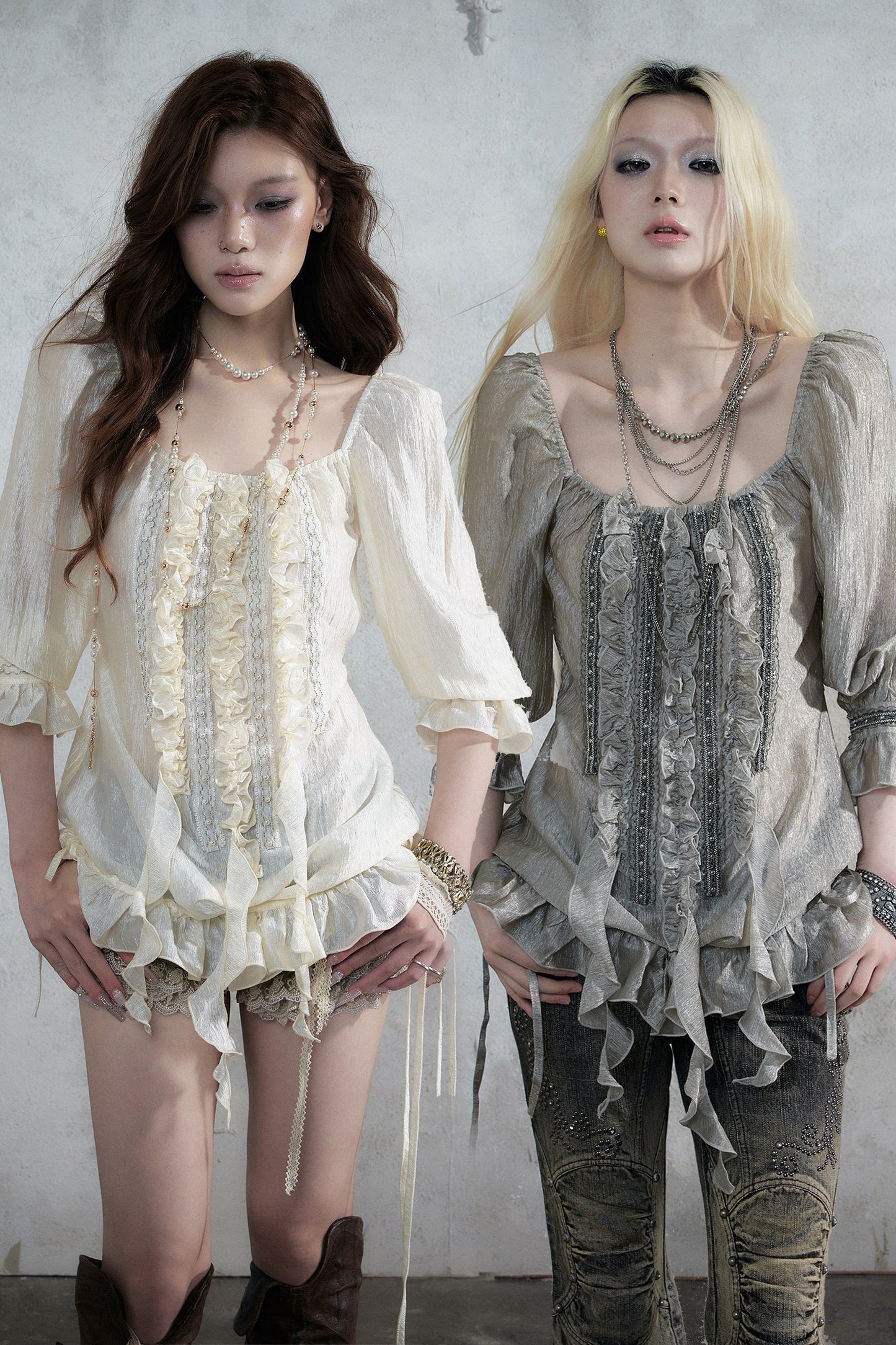 Ruffle Ribbon Puff Sleeve Blouse