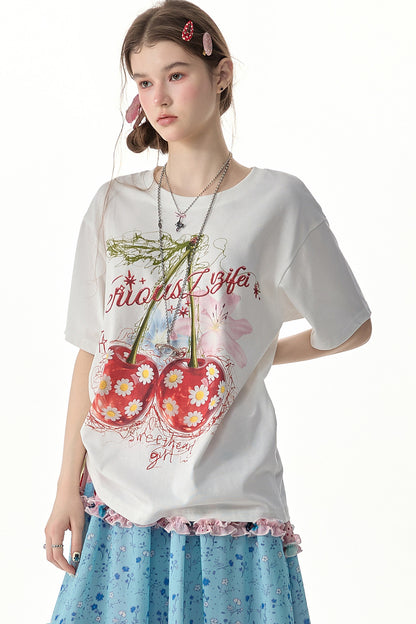 Cherry Daisy Print Short Sleeve T-Shirt