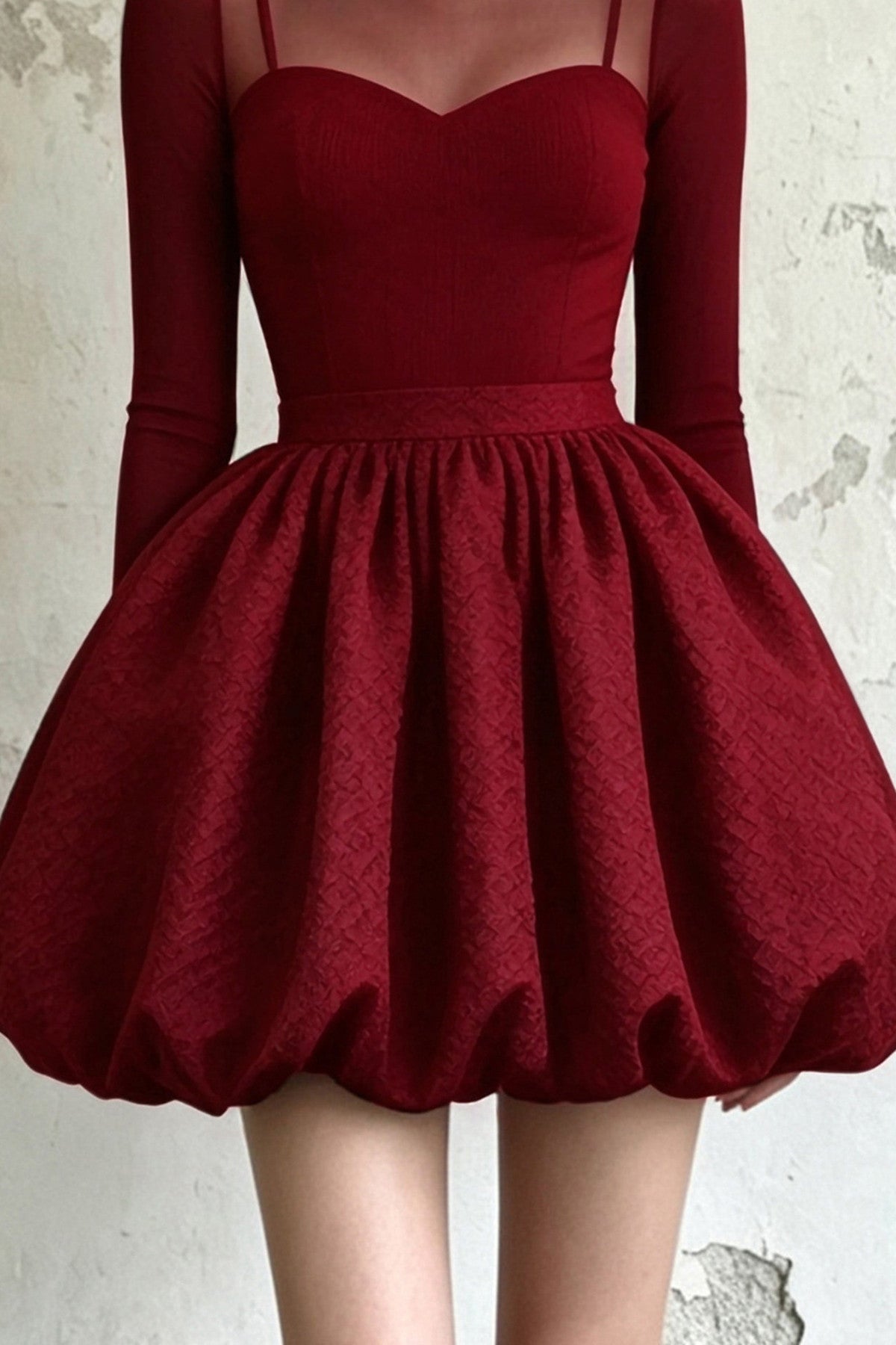 Burgundy Sheer Collar Puff Dress