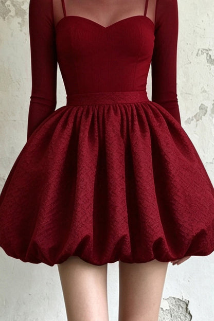 Burgundy Sheer Collar Puff Dress