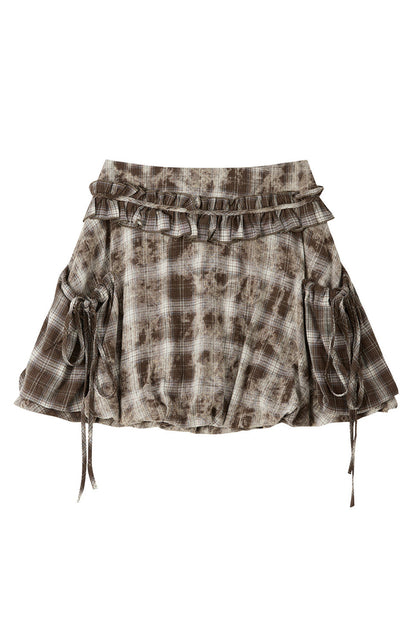 High-Waisted Coffee Plaid Ruffle Tie Skirt