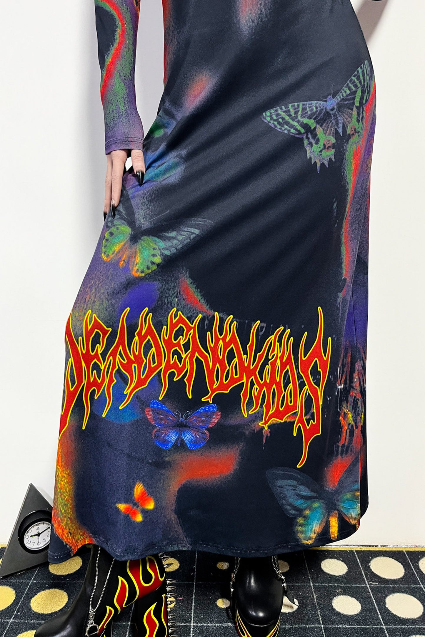 Butterfly Print Flame Long-Sleeved Dress