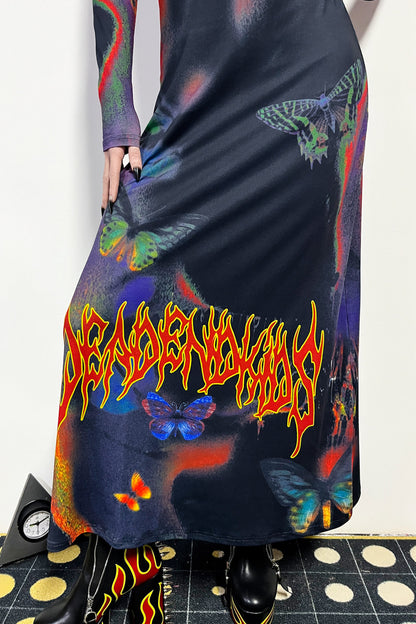 Butterfly Print Flame Long-Sleeved Dress