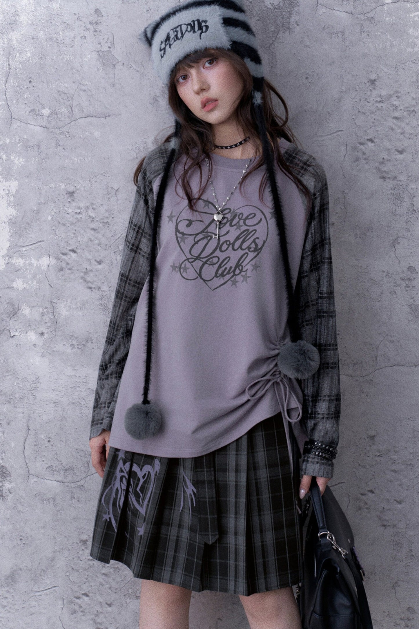 Gray-Purple Printed Raglan Drawstring T-Shirt and Skirt Set-Up