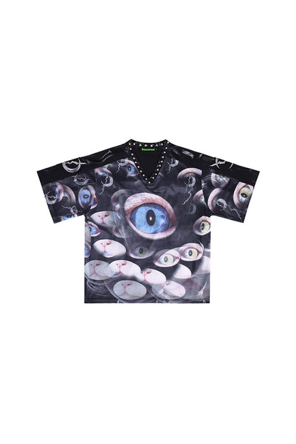 Cat Eye Patchwork Rivet V-Neck T-shirt