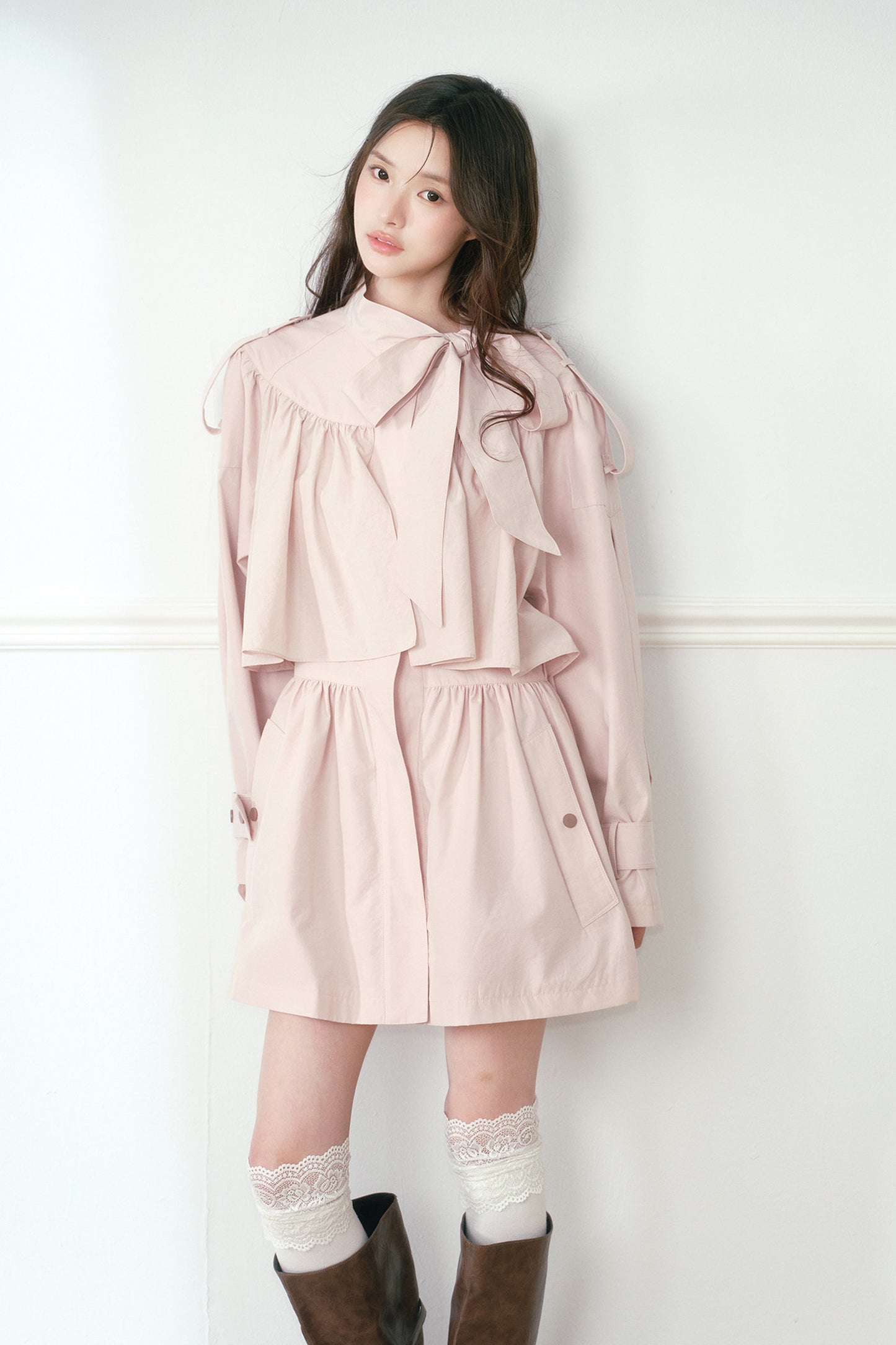 Smoky Pink Cape-Style Bow Trench Coat