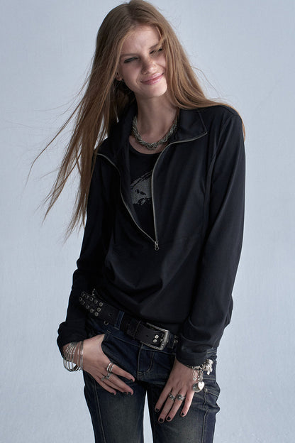 Black Long-Sleeve Zipper Print T-Shirt
