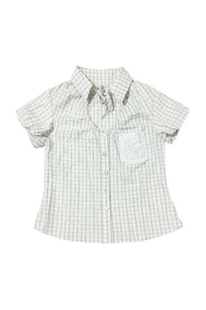 Light Green Plaid Hollow-Out Short-Sleeve Shirt