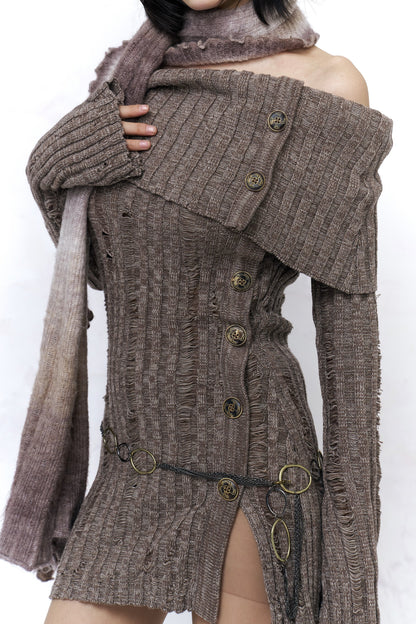 Ripped Off-Shoulder Wool Sweater