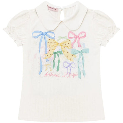 White Floral Bow Puff Sleeve T-Shirt
