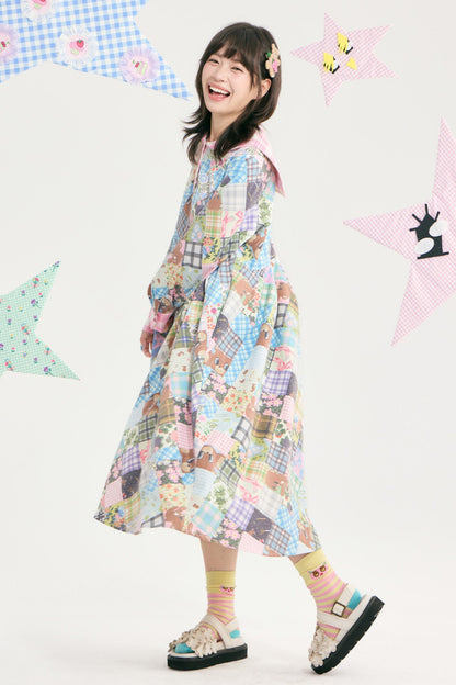 Bear Floral Patchwork Long Sleeve Dress