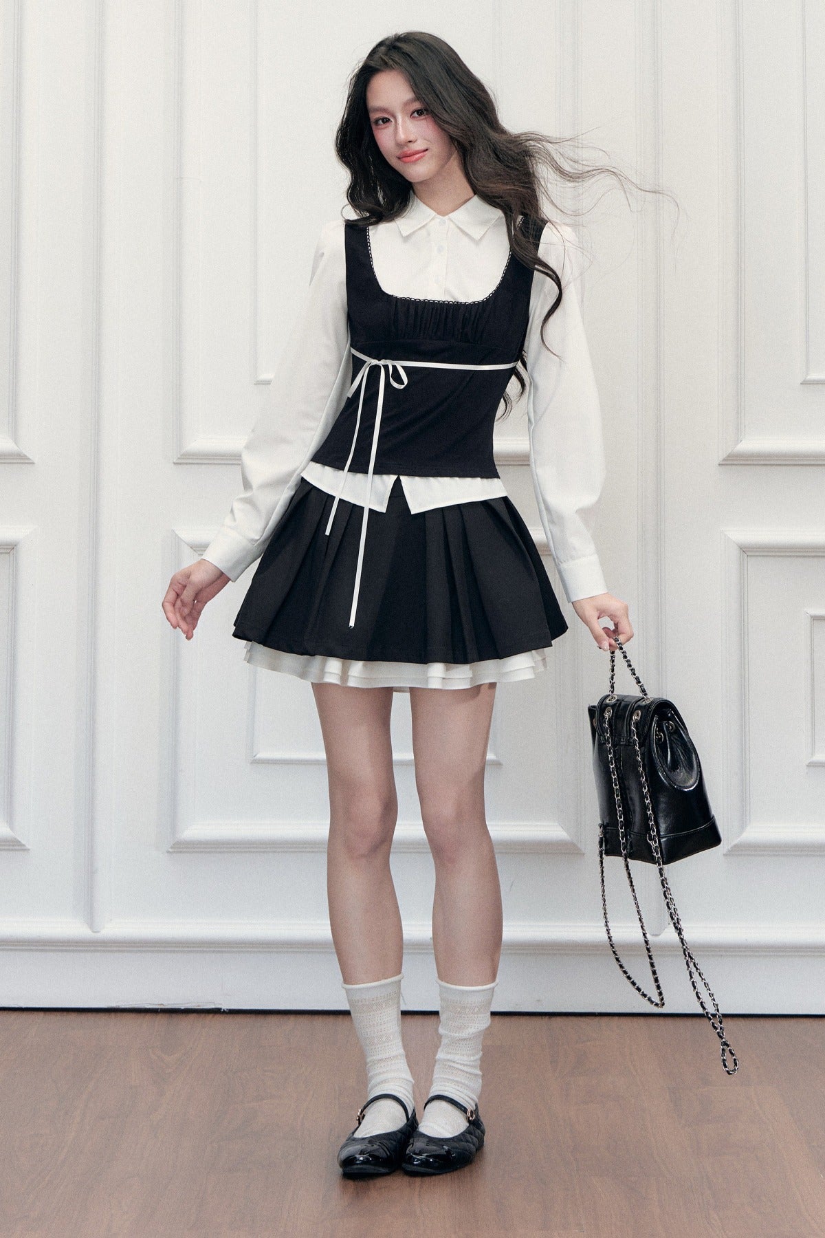 Lace Tie-Up Shirt Skirt Set-Up