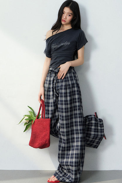 Navy Blue Plaid Wide-Leg Pants