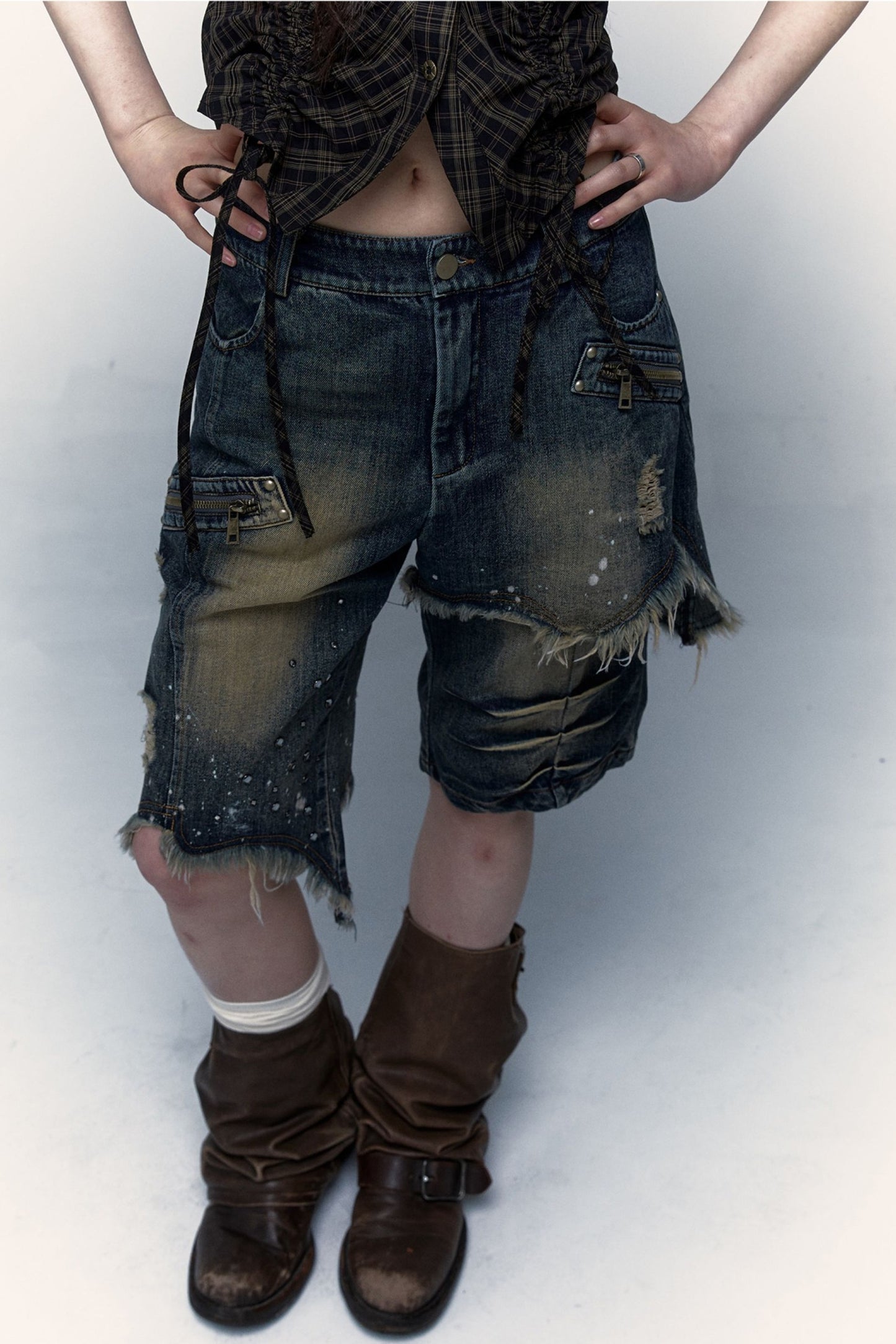 Pantaloncini di jeans effetto vissuto a gamba ampia