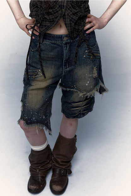 Pantaloncini di jeans effetto vissuto a gamba ampia