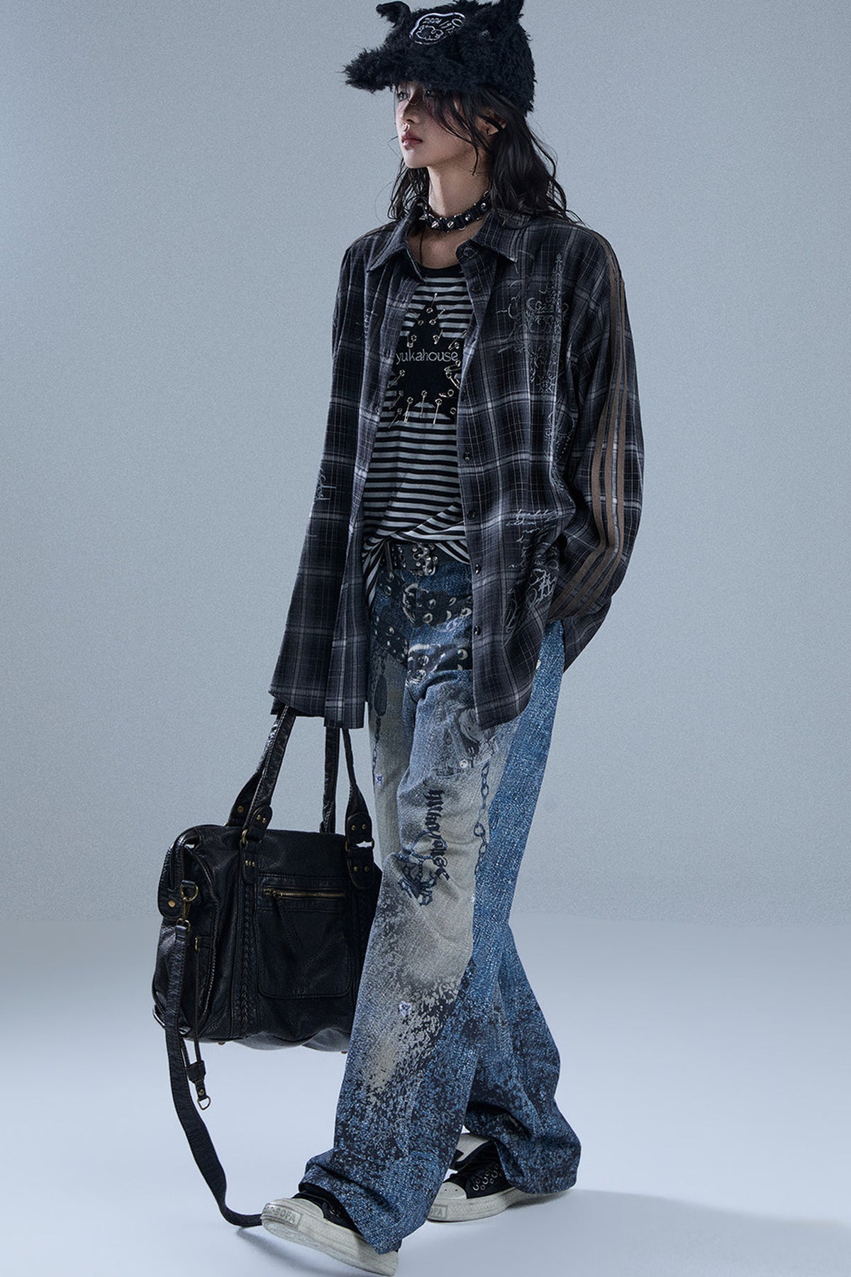 Long-Sleeved Striped Patchwork Plaid Shirt