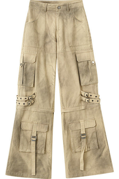 Detachable Washed Workwear Wide-Leg Pants