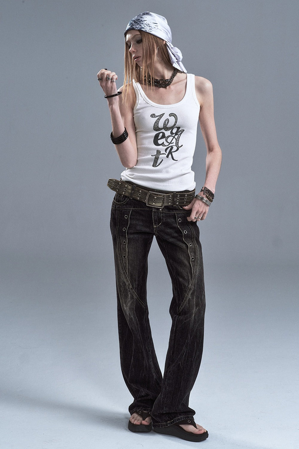 Washed Denim Flared Punk Pants