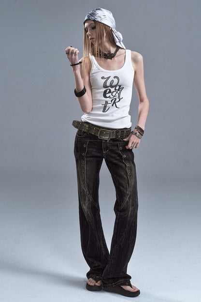 Washed Denim Flared Punk Pants
