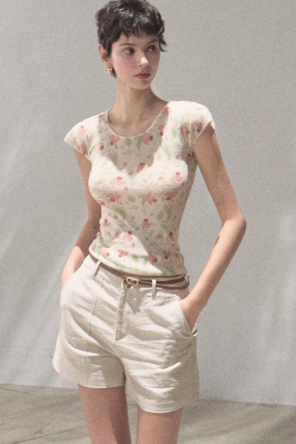 Linen Floral Cinched Top