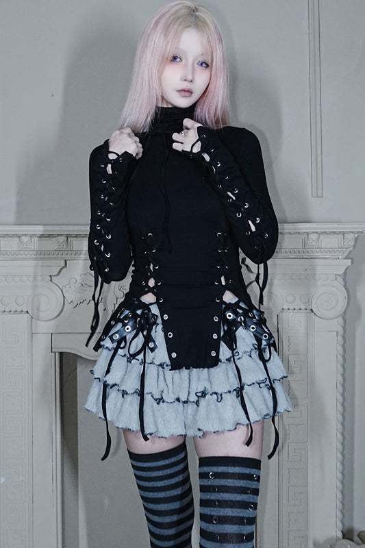 High-Neck Lace-Up Knit Top