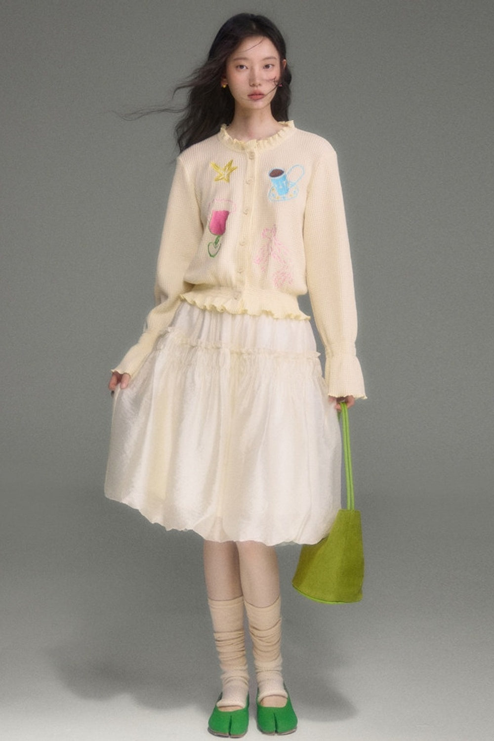 Hand-Painted Embroidered Bell-Sleeve Knit Cardigan
