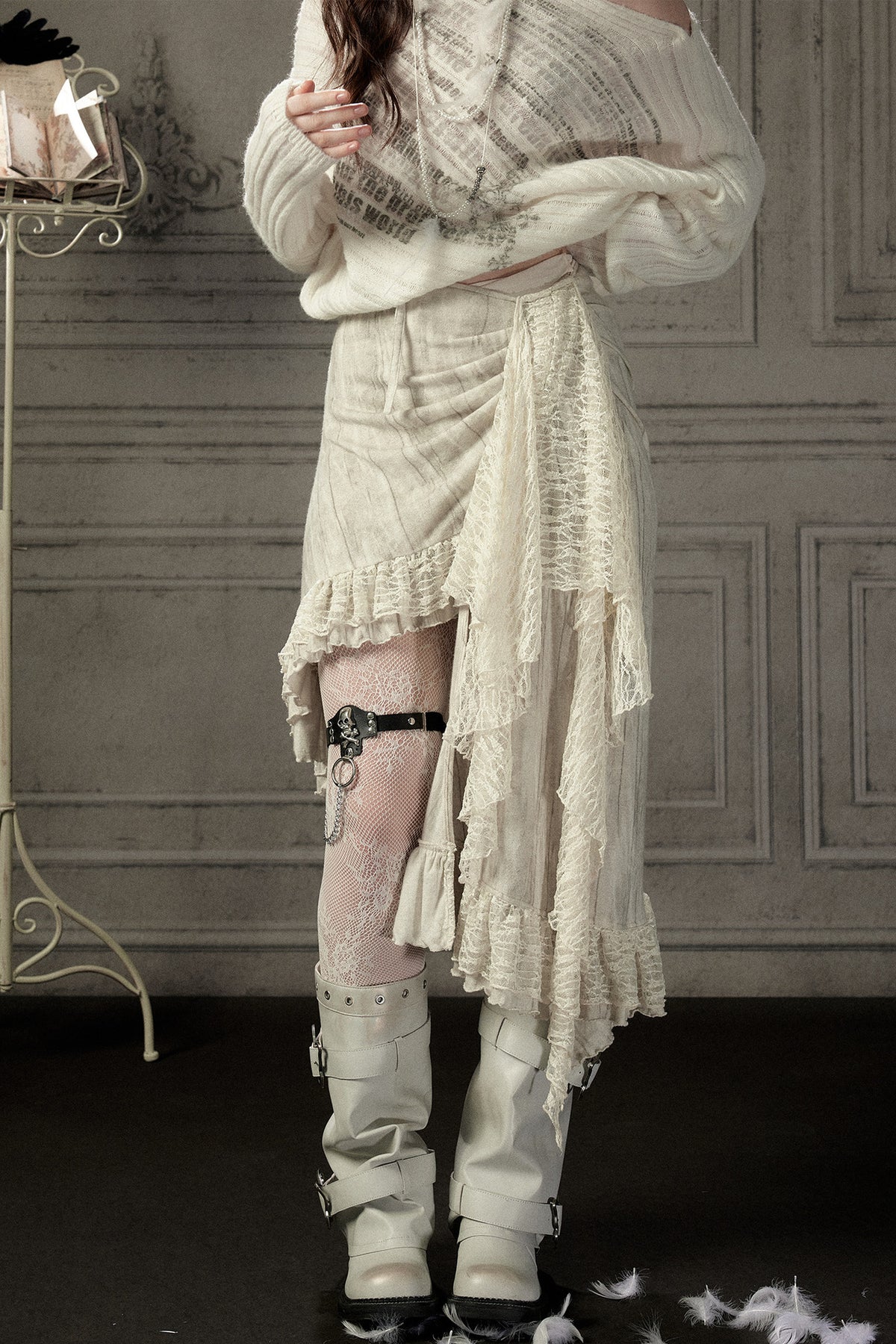Beige Asymmetrical Lace Spliced Skirt