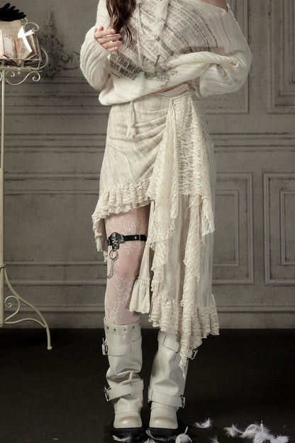Beige Asymmetrical Lace Spliced Skirt