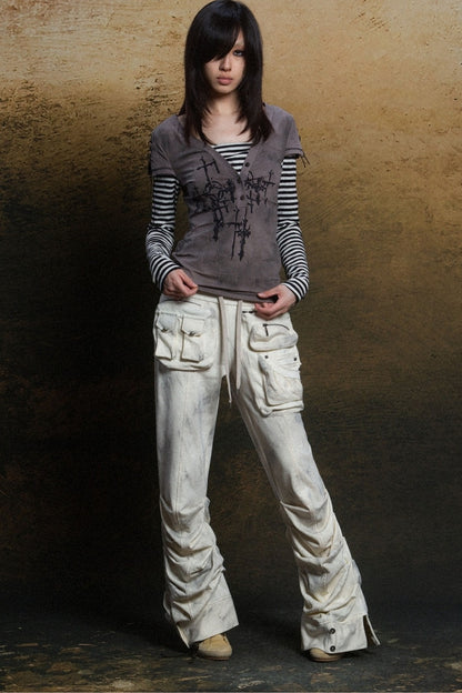 Cross Print Layered-Look V-Neck T-Shirt