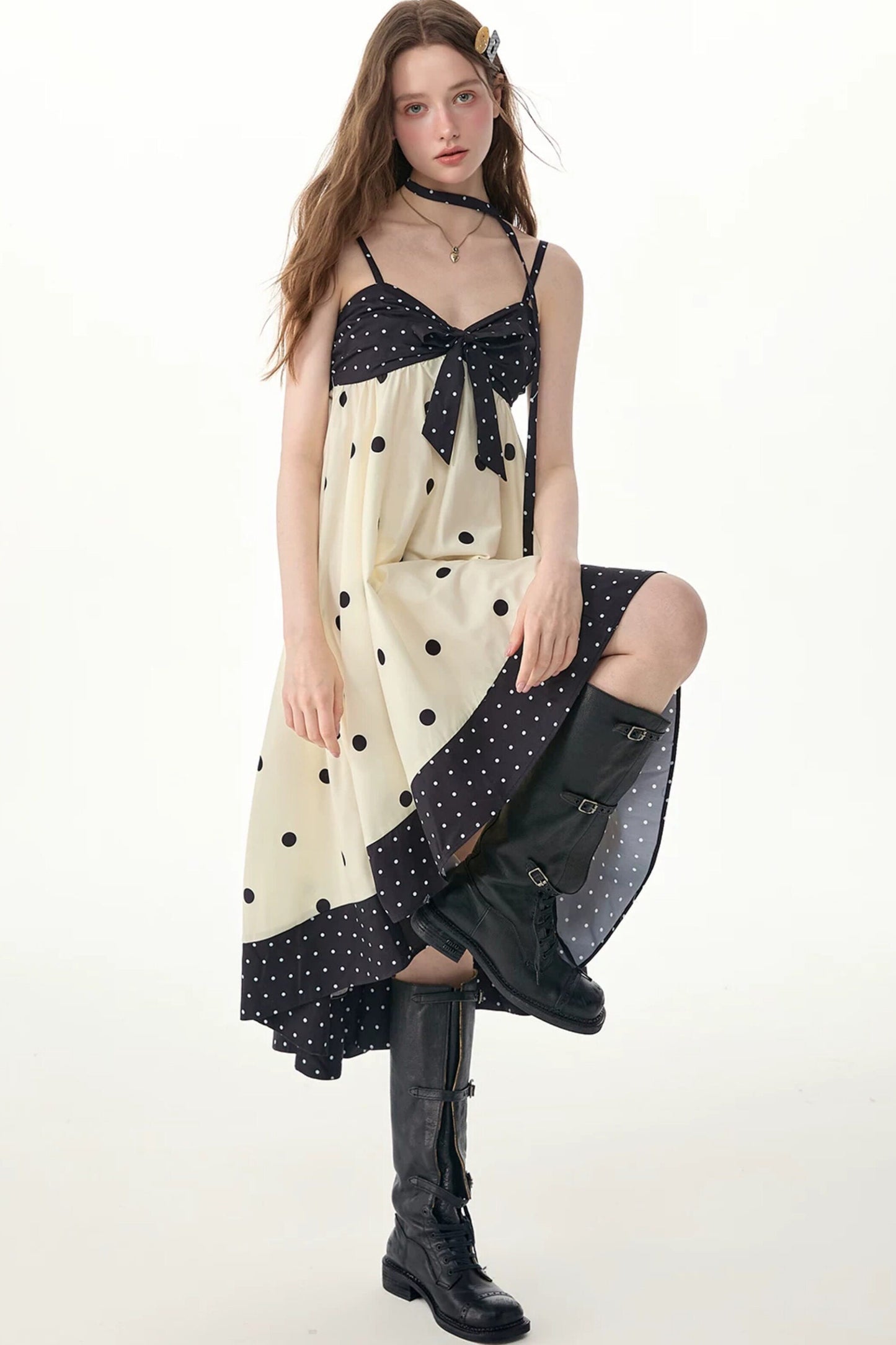 Black White Polka Dot Bow Suspender Dress
