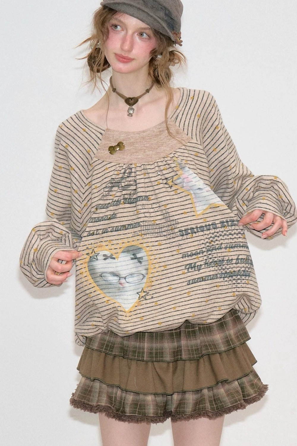 Striped Cat Print Sweatshirt