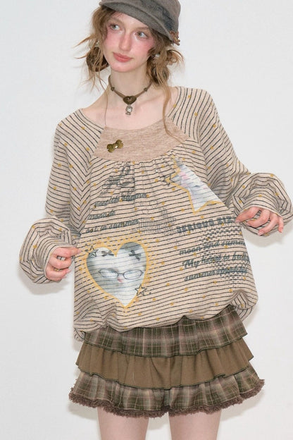 Striped Cat Print Sweatshirt