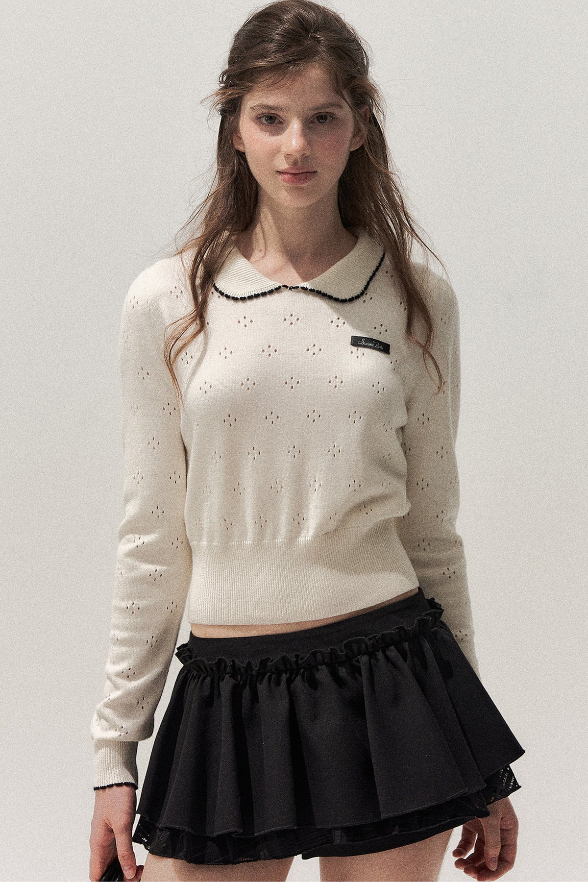 Collar Floral Hollow Knit Top